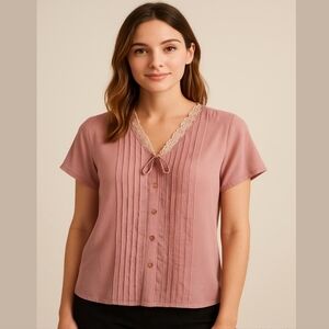 Claudia Richard Pink Lace Trim Bow Short Sleeve Coquette Vintage Blouse XL